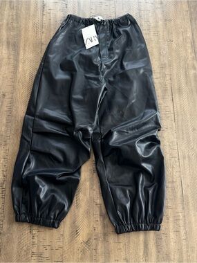 Zara Black Faux Leather Cargo-Style Joggers